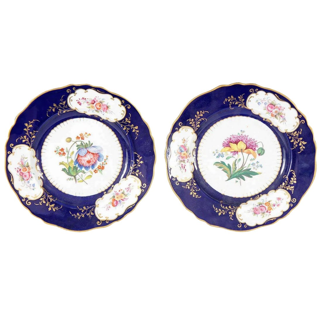 Similar Ridgway Porcelain Service Plates - a Pair: Pair of similar John Ridgway porcelain service plates, circa 1830. Decorated on both plates with the passion flower, the symbol for Marie Antoinette, one with blue petals and the other with yellow.