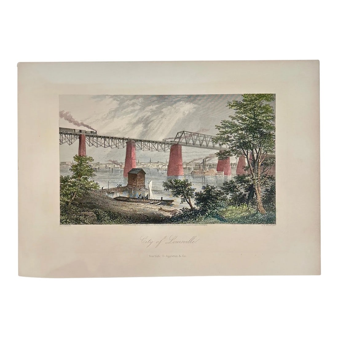 City of Louisville, Original Print From Picturesque America, 1872: Original hand colored steel engraving from Picturesque America, by William Cullen Bryant and published by D. Appleton and Company, New York, 1872. Dimensions: 12 1/2 x 9 1/4" Please note: If you