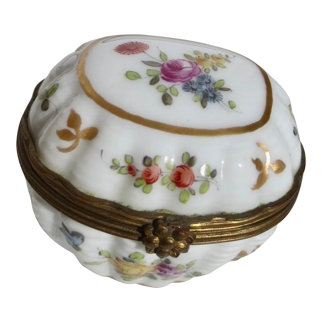 Meissen Porcelain Trinket Box Mid-19th: Meissen Porcelain basket-shaped box. Hinged lid with brass rim and clasp. The surfaced with hand-painted floral designs and marked by the crossed swords to the bottom. The interior walls have sprigs