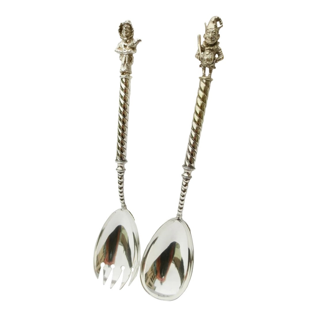 Late 19th Century SilverPlate Salad Spoon and Fork Server: Silverplate Punch and Judy serving set. Reg# 42363, English circa. Large form of fork and spoon. Created in the 1880s' British source. Size 10.5" tall by 2.25" Hallmarks placed on the back of the