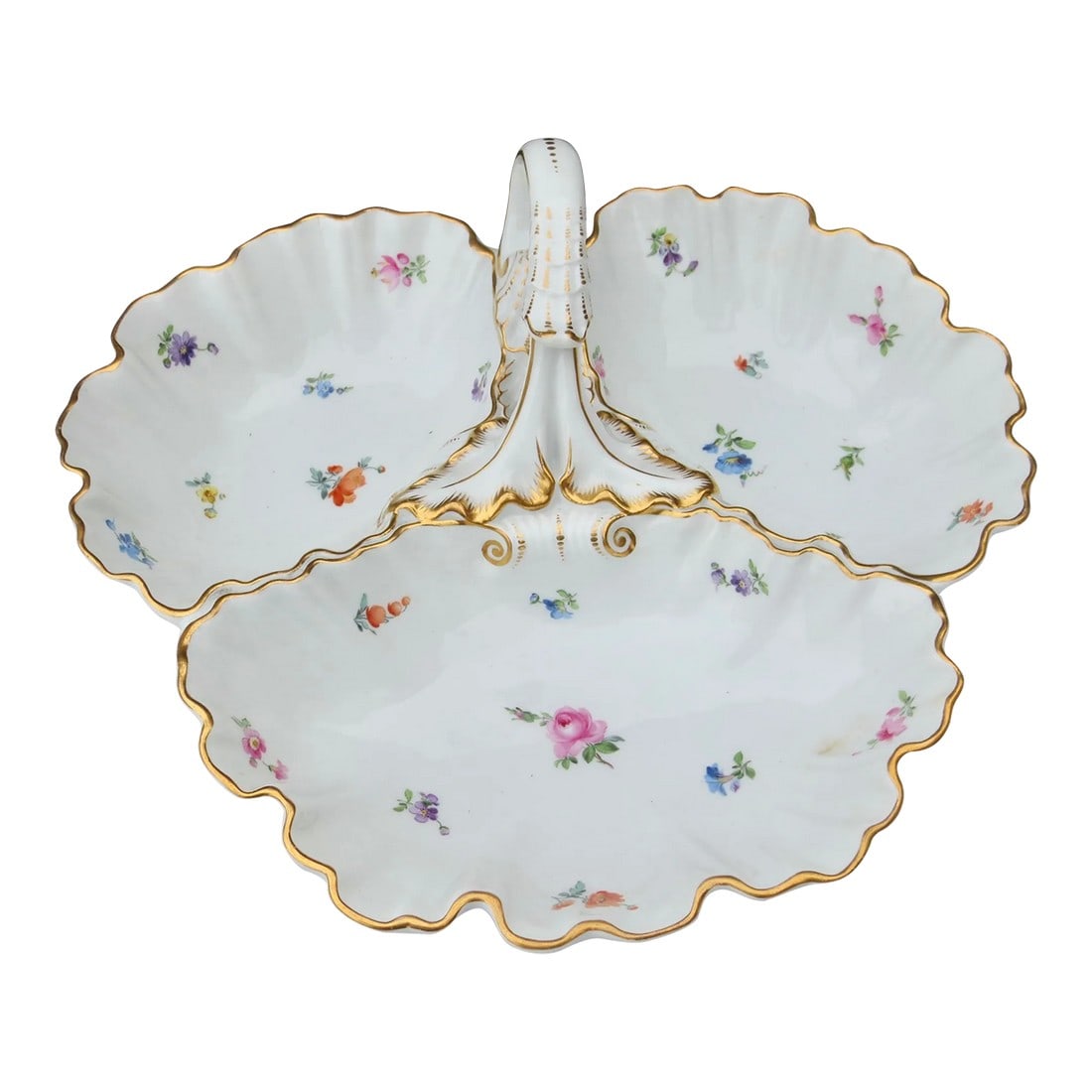 Scattered Flowers by Meissen Three Part Serving Bowl Mid-Century: Scattered Flowers pattern Three sections with a handle serving dish. Scalloped edges with gilt edges and floral details. Scattered Floral pattern. Highly decorative Meissen-style center bowl for the t