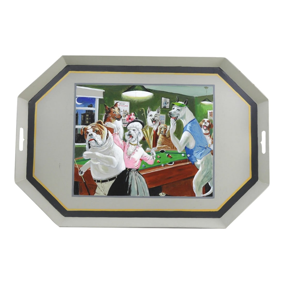 Vintage Iron Handmade Tray With Unique Puppy Billiards Scene: The picture of this handmade iron tray is very interesting and humorous, showing the "social moments" of dogs in the billiard room. In the picture, several dogs of different breeds are dressed in