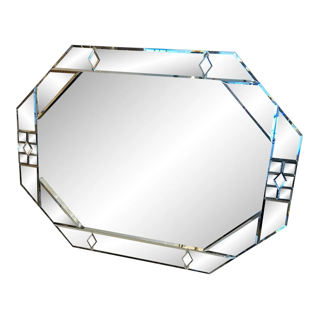 Large Bevelled Carvers Guild Octagonal Wall Mirror: Dramatic large beveled octagonal mirror having triangle decoration. Looks great hung horizontally or vertically. Condition: Alterations: Original Condition Unaltered Imperfections: Some Imperfections