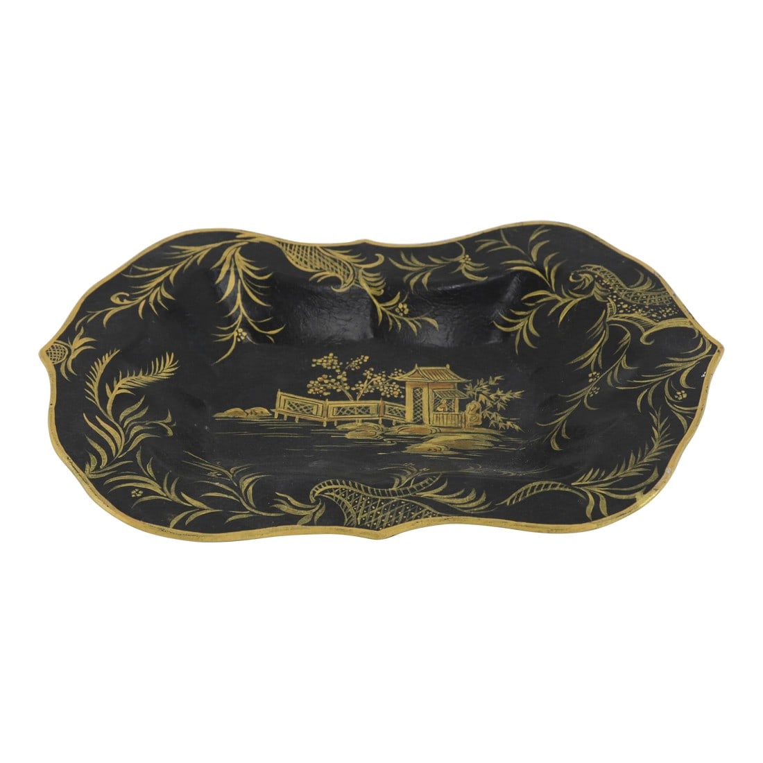 Vintage Iron Black Gilt Hand Painted Chinoiseries Tray: Vintage Iron Black Gilt Hand Painted Chinoiseries Tray Condition: Alterations: Original Condition Unaltered Imperfections: Some Imperfections Condition Notes: In excellent condition. Some scratches