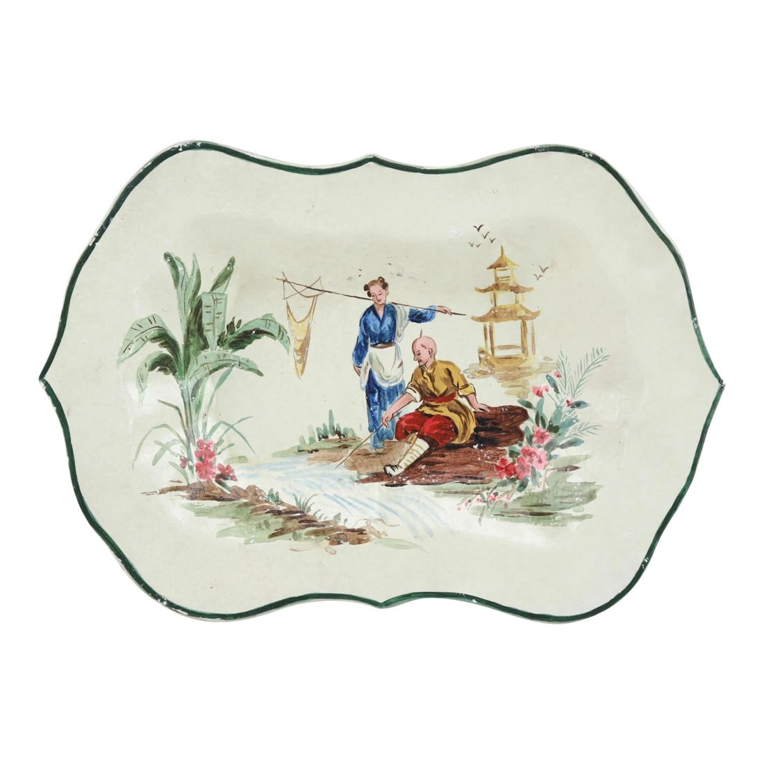 Vintage White Hand Painted Chinoiseries Plate and Serving Tray: Vintage White Hand Painted Chinoiseries Plate and Serving Tray Condition: Alterations: Original Condition Unaltered Imperfections: Some Imperfections Condition Notes: This item may show signs of age,
