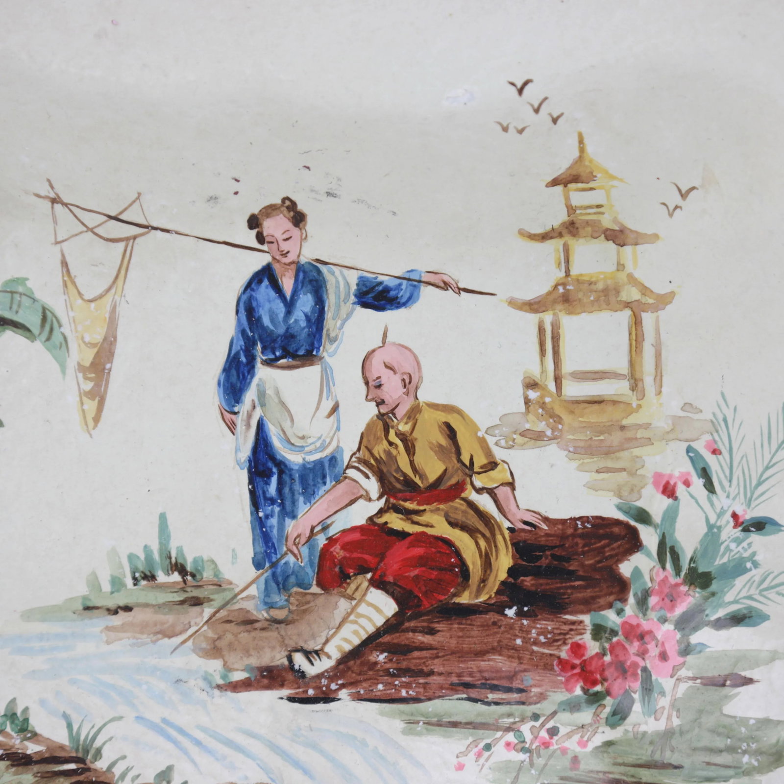 Vintage White Hand Painted Chinoiseries Plate and Serving Tray - 8