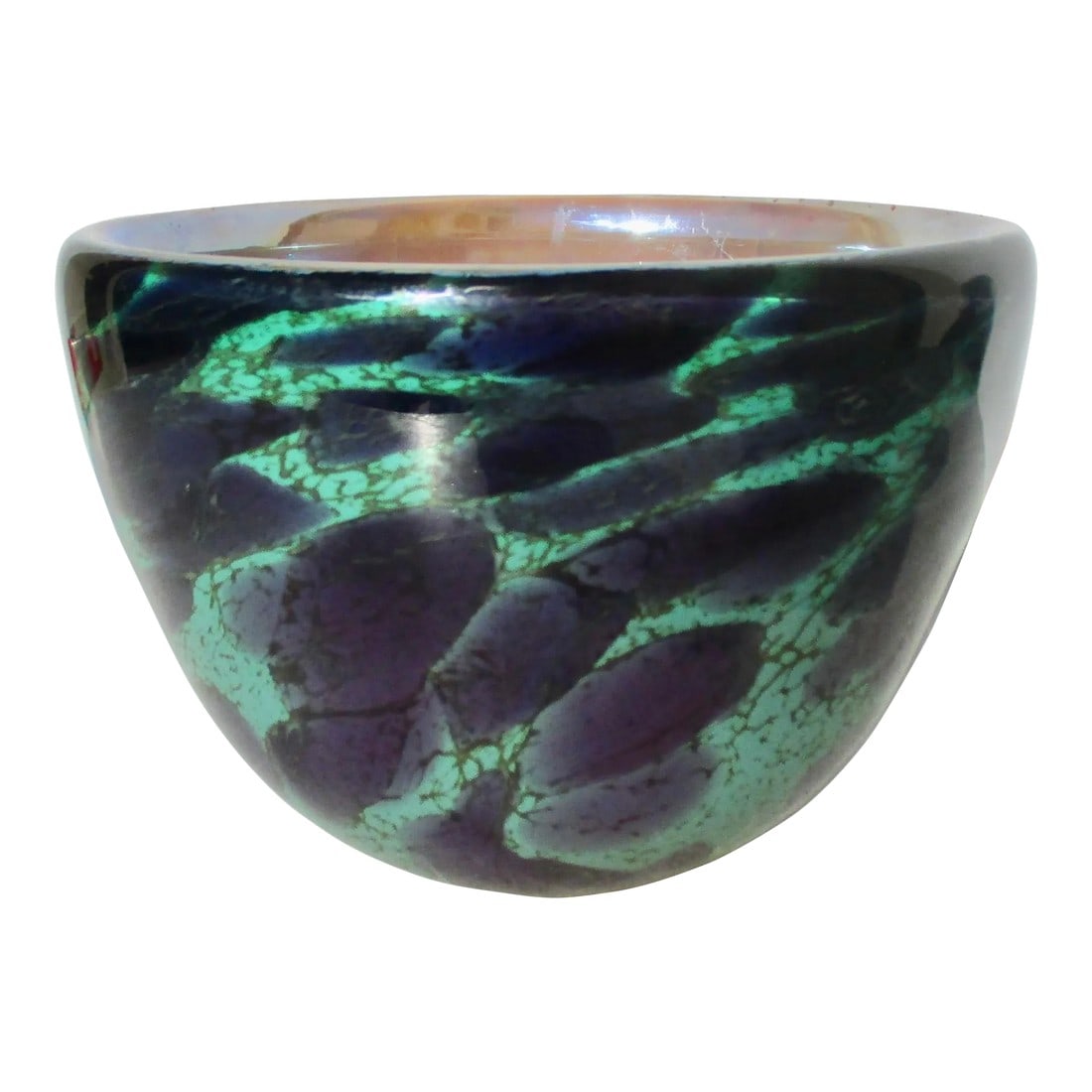 Art Glass Vase in Turquoise and EggPlant Swirl: Turquoise and eggplant colors swirl in a tortoiseshell pattern. Golder luster covers the inner walls. The piece is signed, inscribed into the glass at the base. The photos show this with dust rubbed