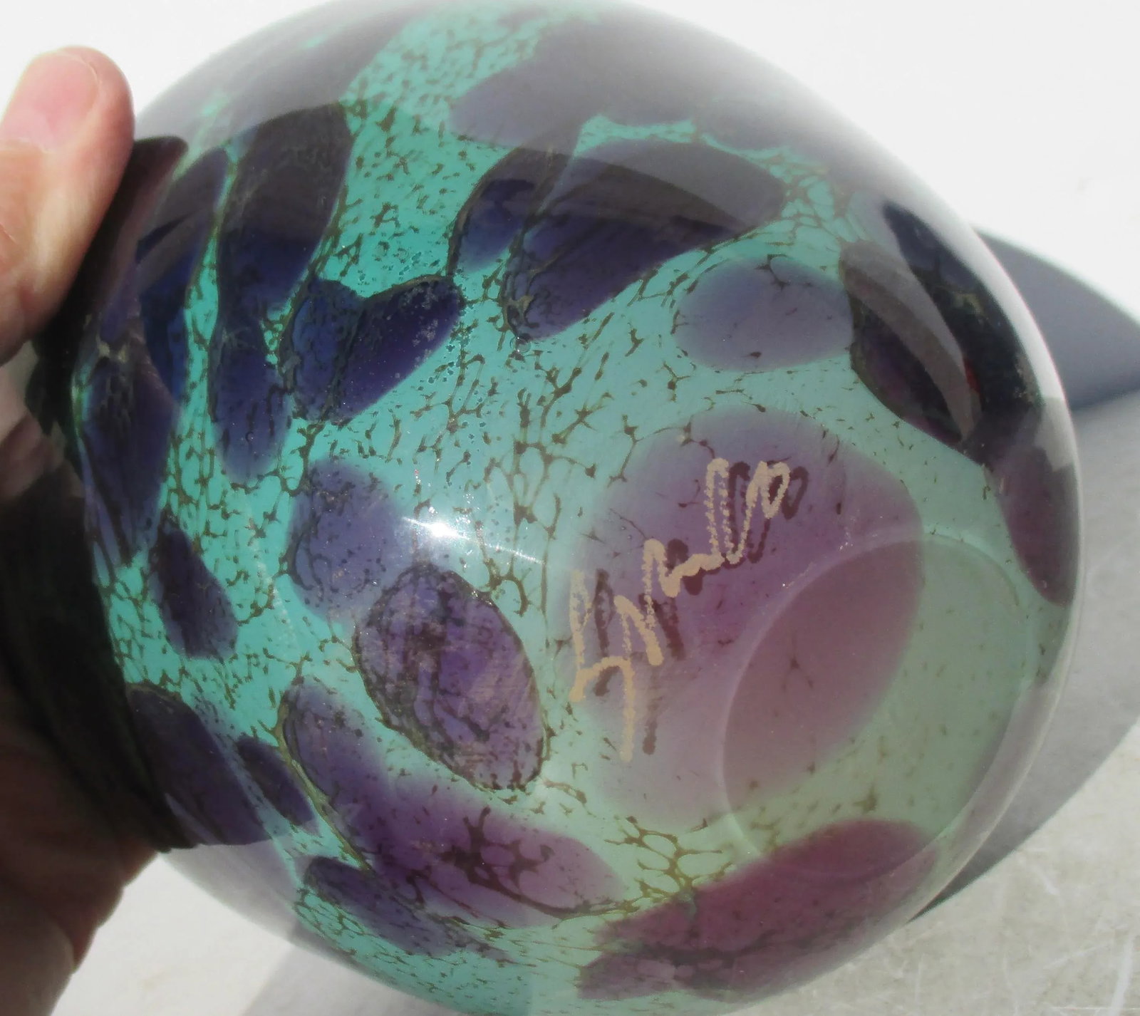 Art Glass Vase in Turquoise and EggPlant Swirl - 4