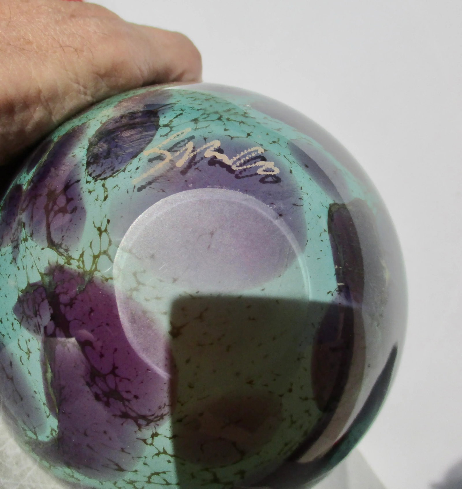 Art Glass Vase in Turquoise and EggPlant Swirl - 6