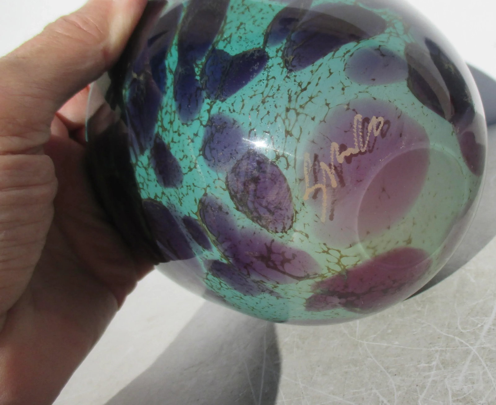 Art Glass Vase in Turquoise and EggPlant Swirl - 7