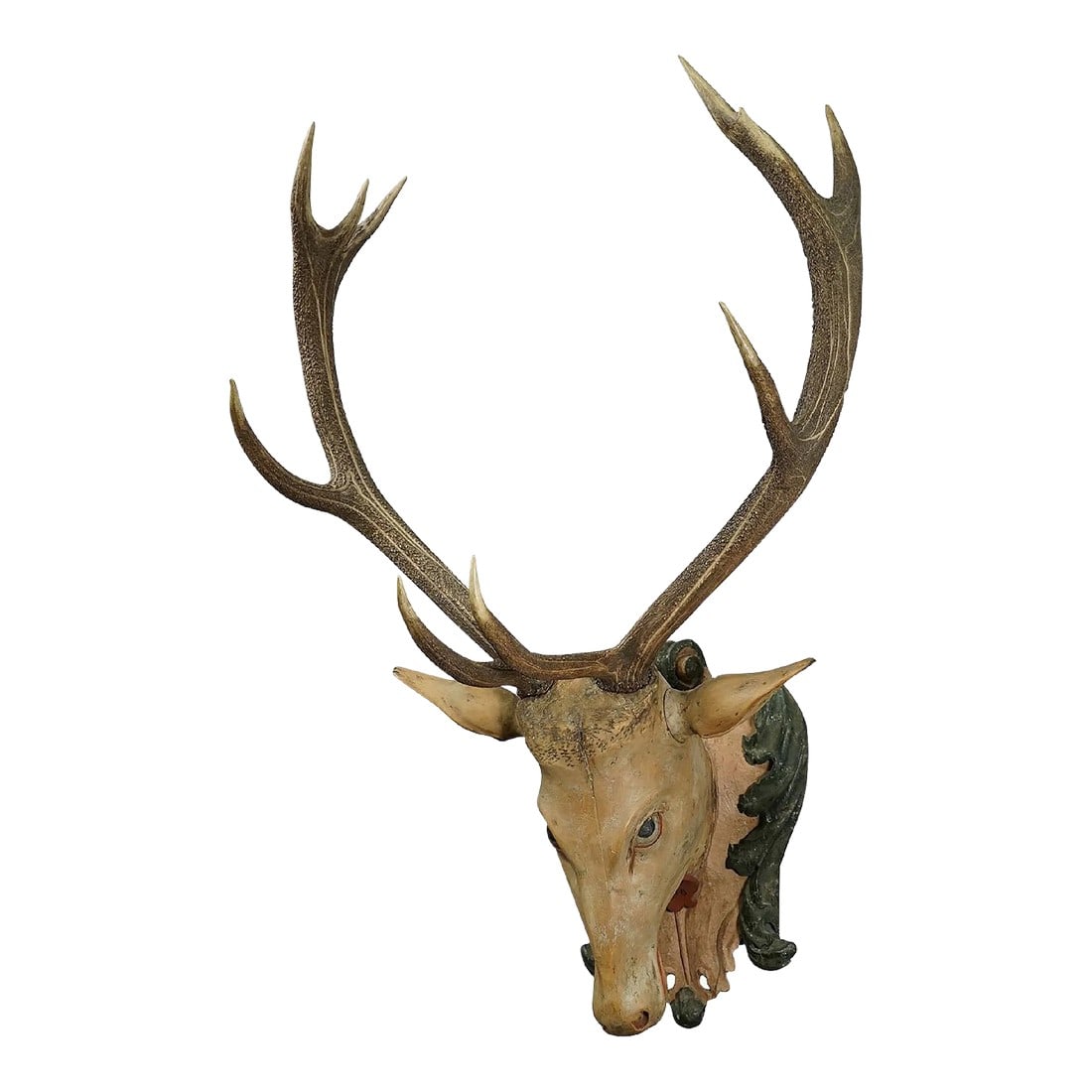 Large Antique Wooden Carved Black Forest Baroque Stag Head With 10 Point Trophy: Large Antique Wooden Carved Black Forest Baroque Stag Head with 10 Point Trophy A large antique Black Forest Baroque stag head. Carved in typical abstract style of the early 18th century. It is