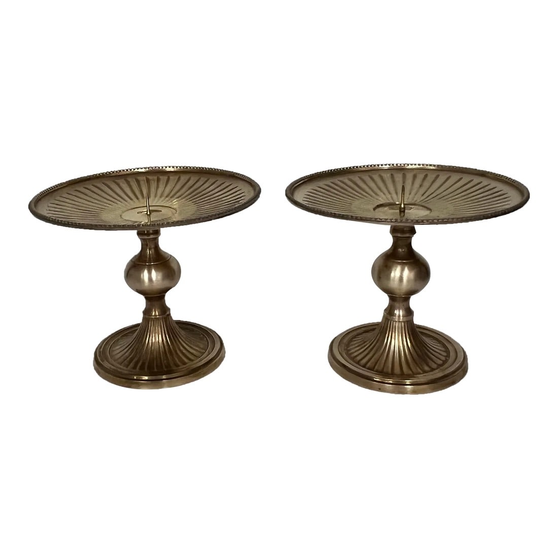 Vintage Brass Candleholders - a Pair: Vintage brass candleholders perfect for pillar candles or the center needle screws out for use for faux flame candles or as display stands. Measures 6.75" diameter x 5.5" h. Condition: Alterations: