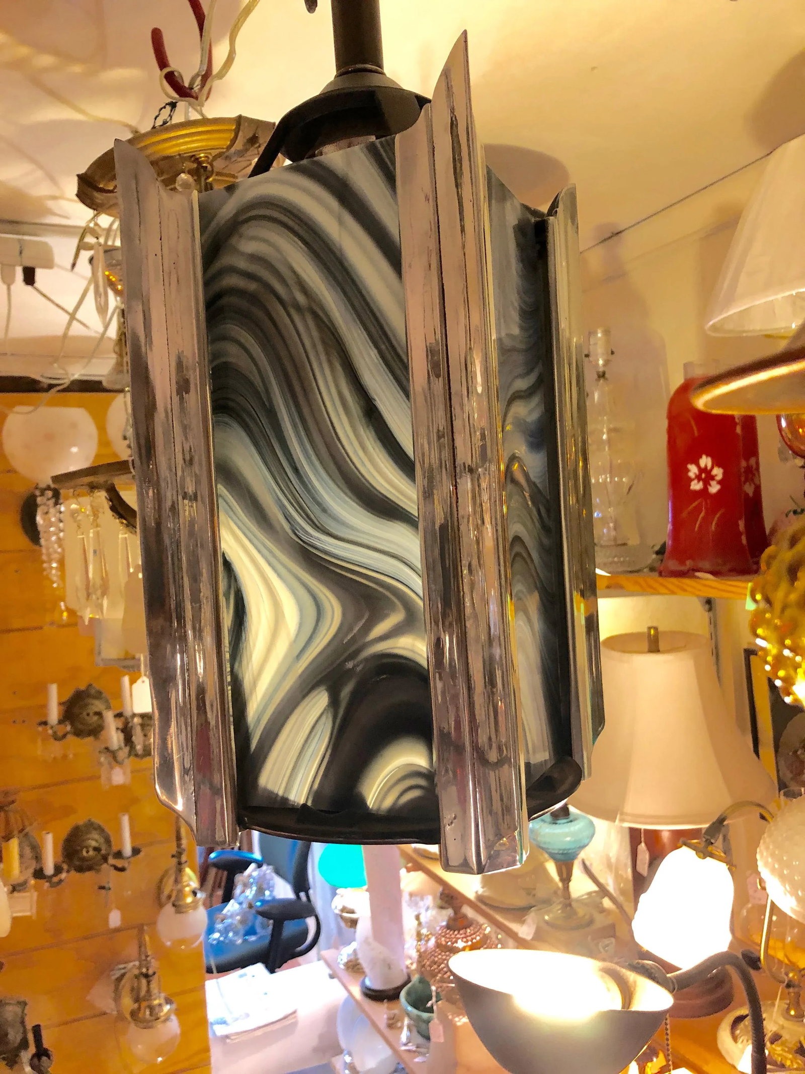 1940s Art Deco Chrome and Art Glass Pendant Chandelier - 11