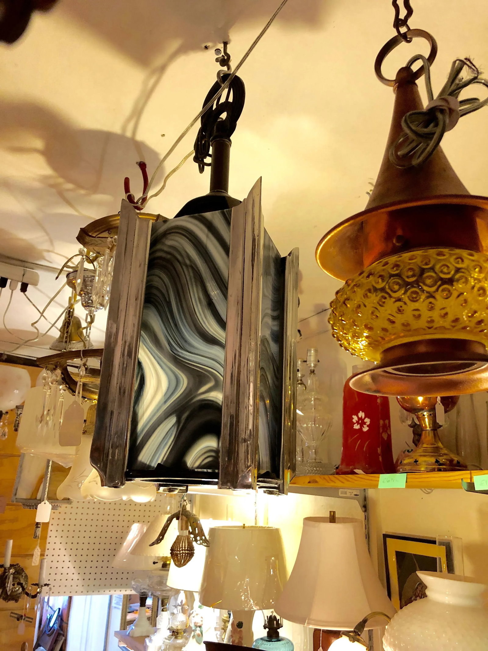 1940s Art Deco Chrome and Art Glass Pendant Chandelier - 12