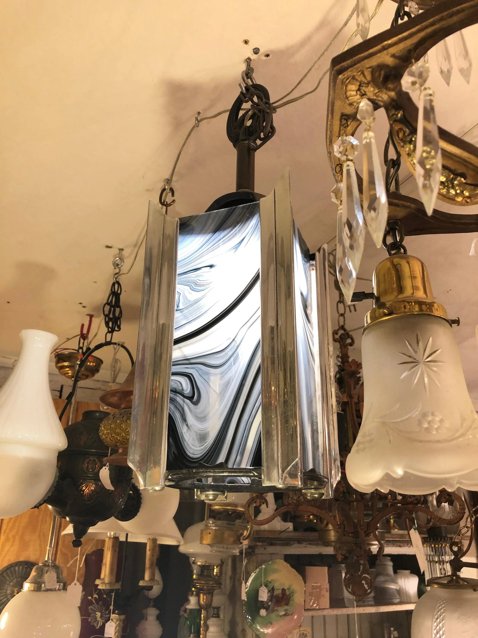 1940s Art Deco Chrome and Art Glass Pendant Chandelier - 3