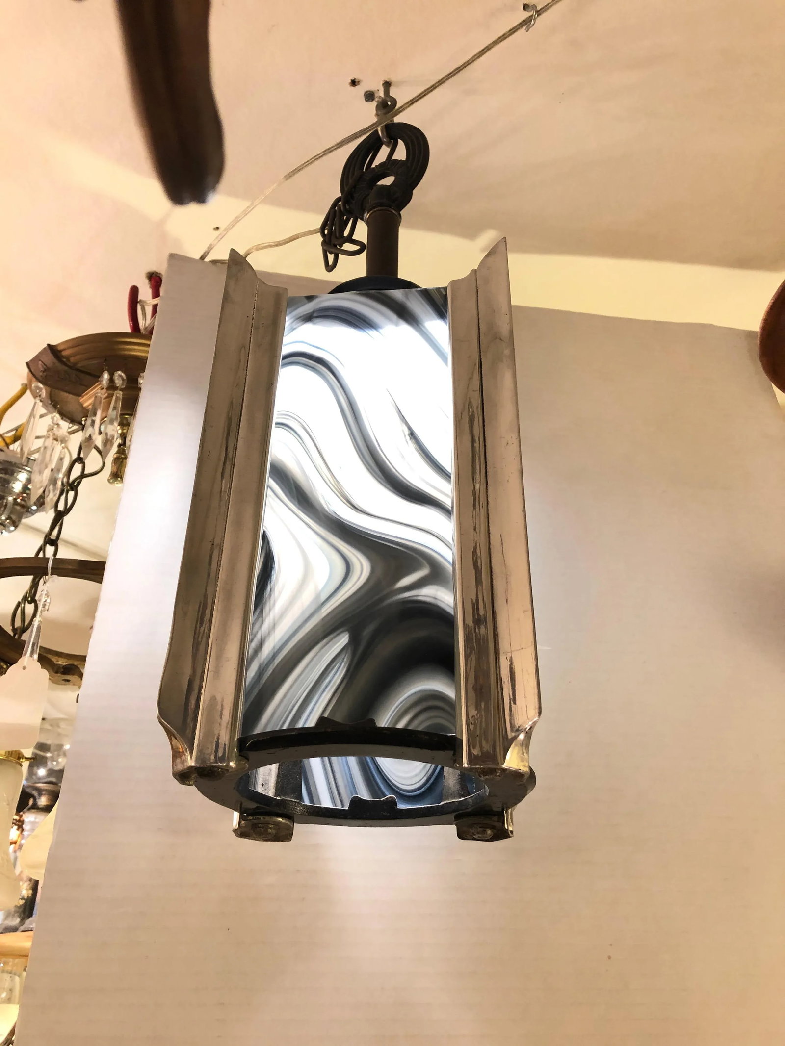 1940s Art Deco Chrome and Art Glass Pendant Chandelier - 7