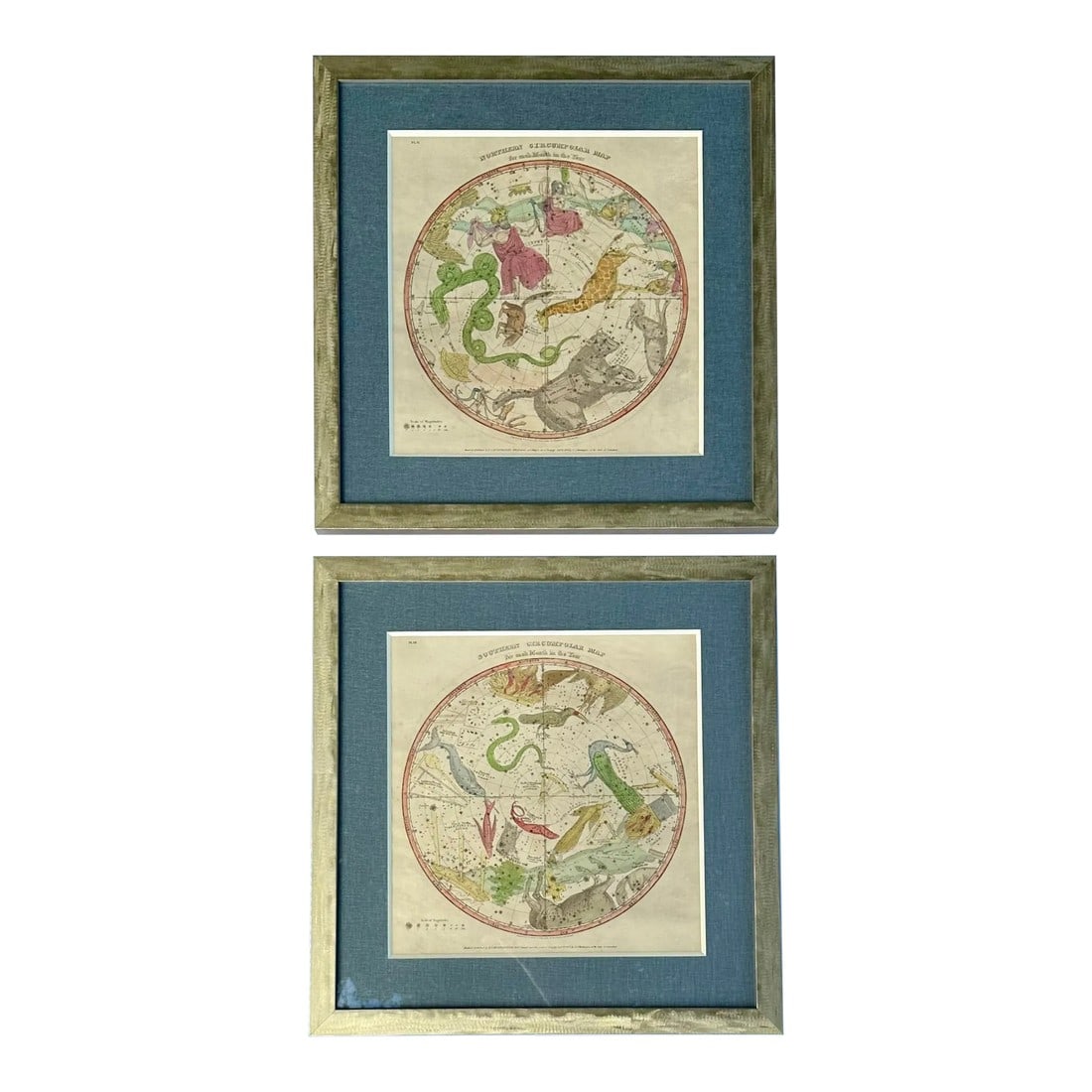 1835 Elijah Burritt Celestial Atlas Prints – Geography of the Heavens Constellation: Set of two original copper engraving celestial prints by Elijah Hinsdale Burritt from Burritt's Atlas, 1835, designed to illustrate the geography of the heavens. Each feature vibrant original