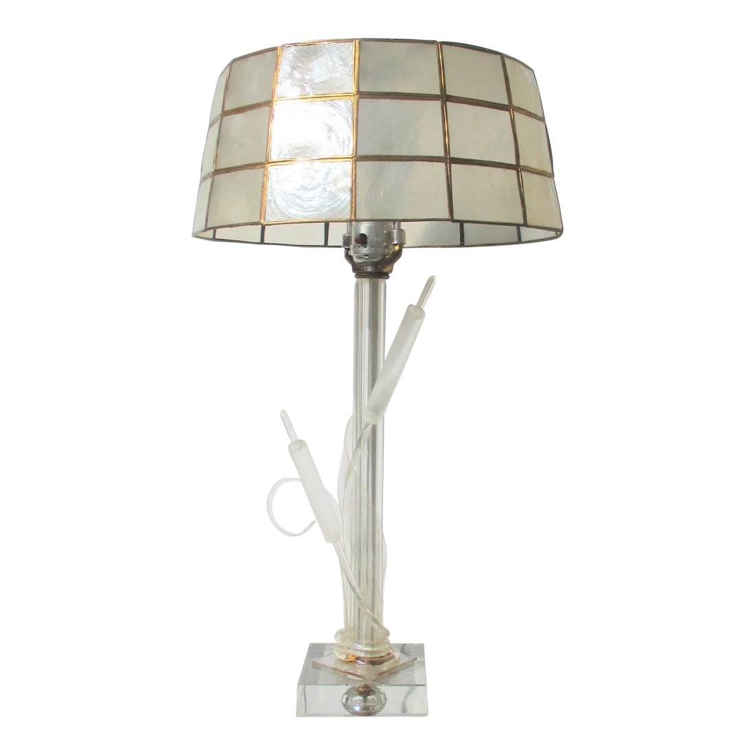Lucite Cat Tail Lamp With Capiz Shade by M C M Circa 80s: Lucite cattail lamp with capiz shell shade. A Double stalk of cattails wrap around the column and stands on a diamond base centered on a square. Vintage 70s-80s' with a single Edison socket and push