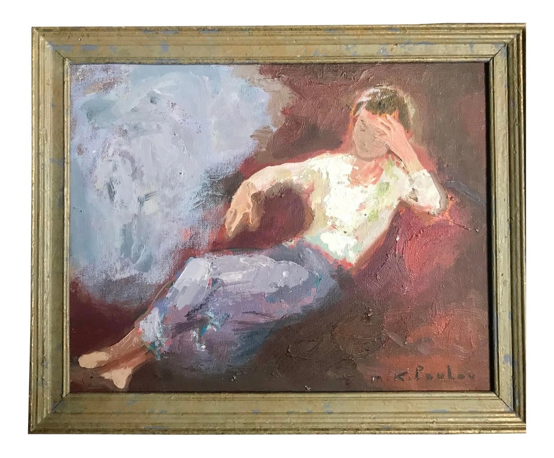 Oil Painting by Murat Kaboulov (1939-2010): Oil on canvas painting by Russian-American artist Murat Kaboulov (1939-2010). Reclining young woman in white blouse and blue skirt. Stylized portrait. Signed M. Kaboulov lower right corner and Murat K