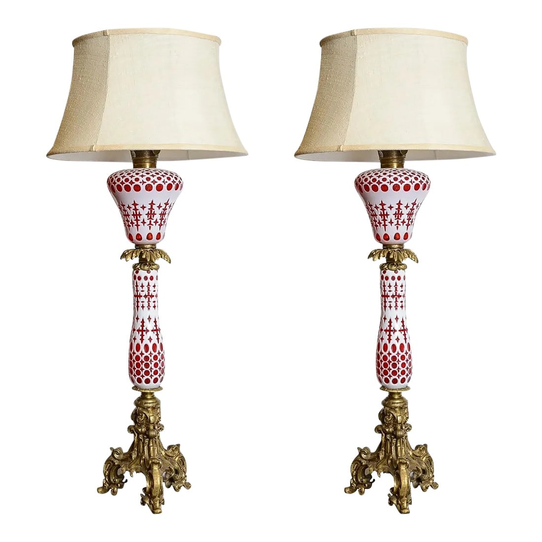 Antique Boston and Sandwich Cranberry Glass Lamps-A Pair (1 of 7)