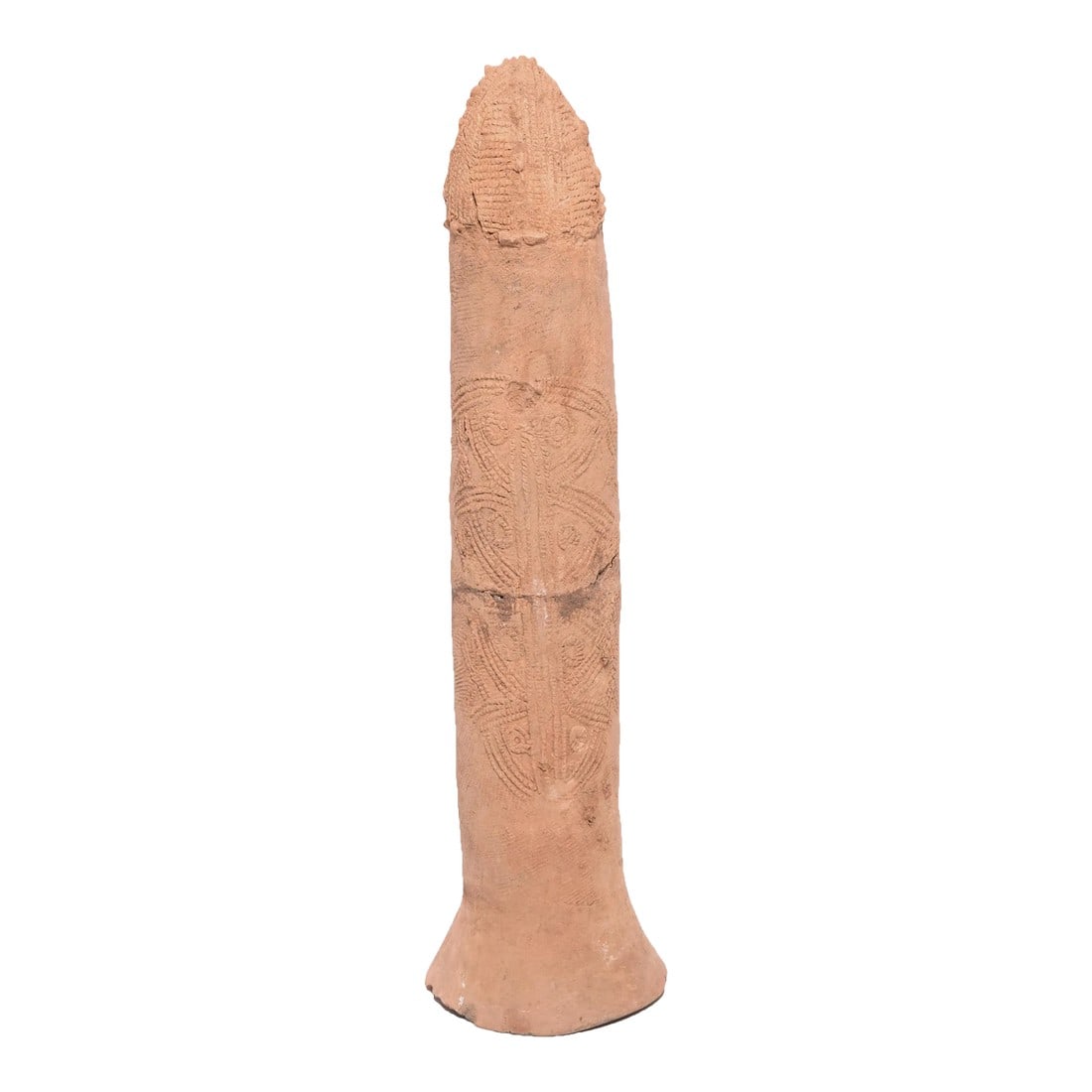 Bura Terracotta Spirit Vessel, C. 1900: Sometimes called a "Bura bell" due to its shape, this sculptural terra cotta object was part of the Bura tribe's burial ritual. Buried with its flared mouth facing down, this cylindrical storage
