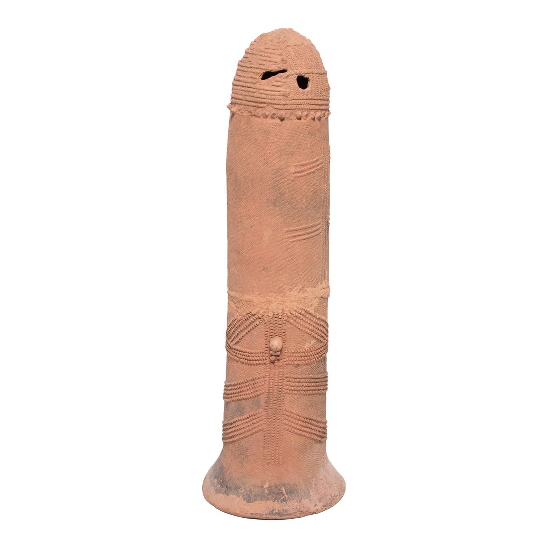 Bura Terracotta Spirit Vessel, C. 1900: Sometimes called a "Bura bell" due to its shape, this sculptural terra cotta object was part of the Bura tribe's burial ritual. Buried with its flared mouth facing down, this cylindrical storage
