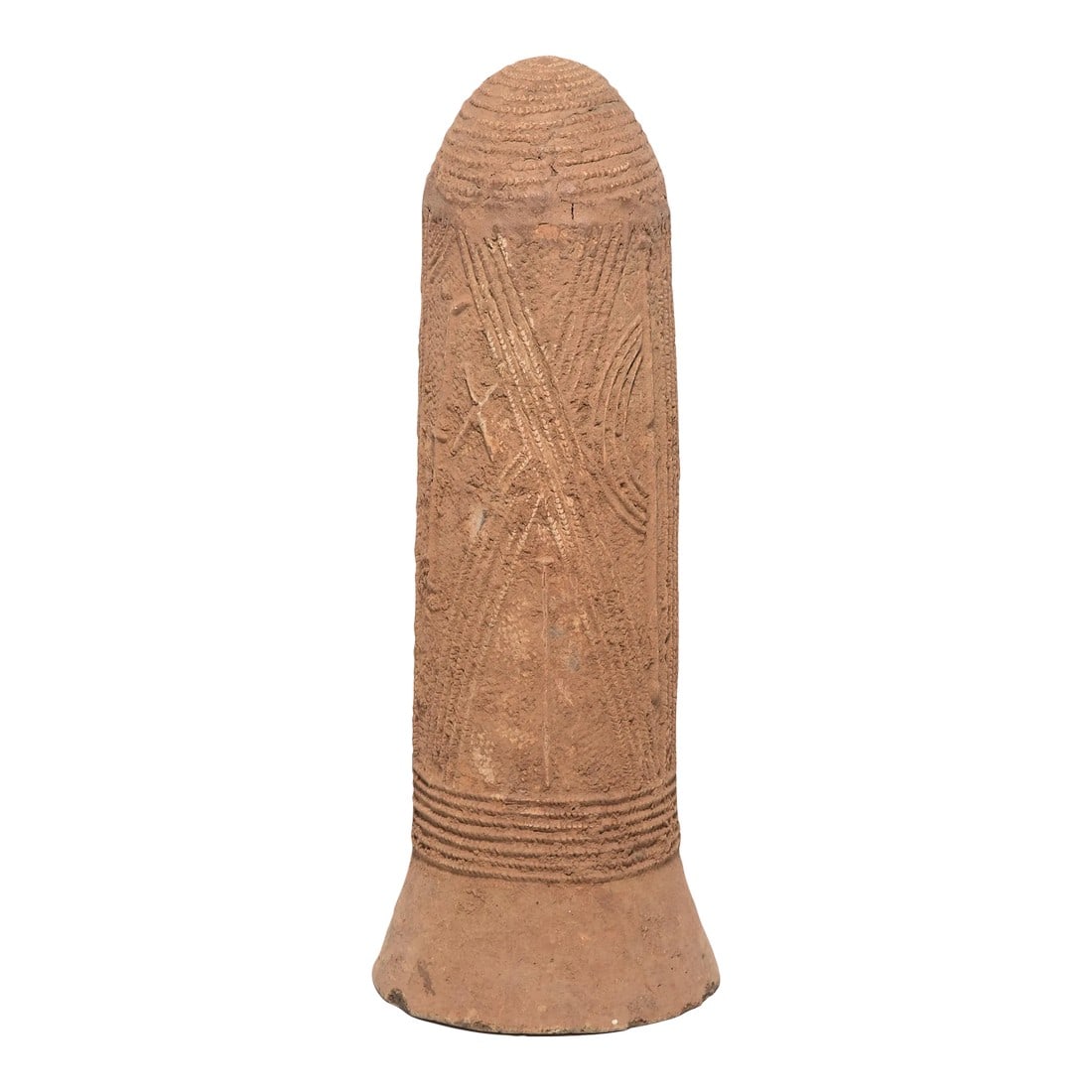 Bura Terracotta Spirit Vessel, C. 1900: Sometimes called a "Bura bell" due to its shape, this sculptural terra cotta form would have been a critical component of burial rituals of the Bura people of Niger. Buried with its flared mouth