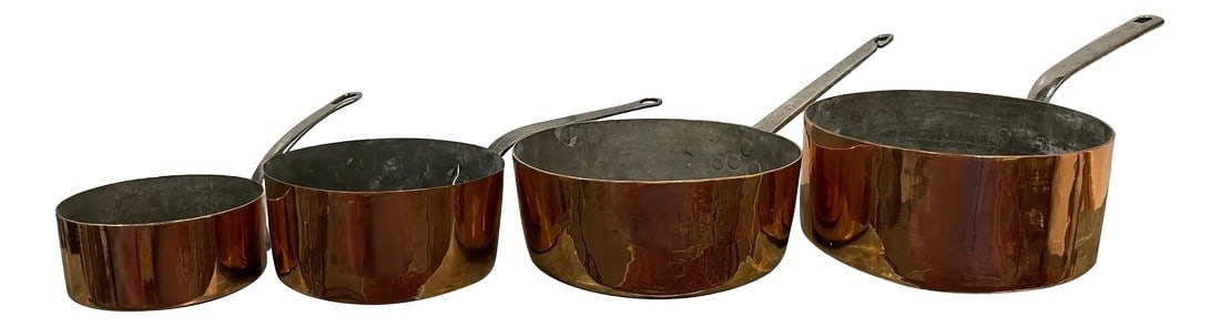 French Four Copper Pots in Different Sizes, 19th Century - Set of 4: Set of French Four Copper Pots in Different Sizes, 19th Century. Professionally cleaned and polished in France. A light coat of copper was applied. Diameter dimensions: 6.75", 8.5", 11", 11.25