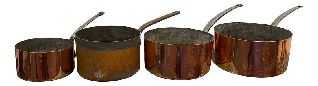 French Four Copper Pots in Different Sizes, 19th Century - Set of 4: Set of French Four Copper Pots in Different Sizes, 19th Century. Professionally cleaned and polished in France. A light coat of lacquer was applied. Diameter Dimensions: 8.5", 10", 11.5", 12.5"