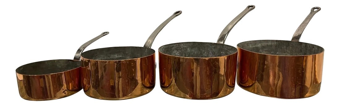 French Four Copper Pots in Different Sizes, 19th Century - Set of 4: Set of French Four Copper Pots in Different Sizes, 19th Century. Professionally cleaned and polished in France. A light coat of copper was applied. Diameter Dimensions 7", 7.5", 9.5", 9.5" Condition: