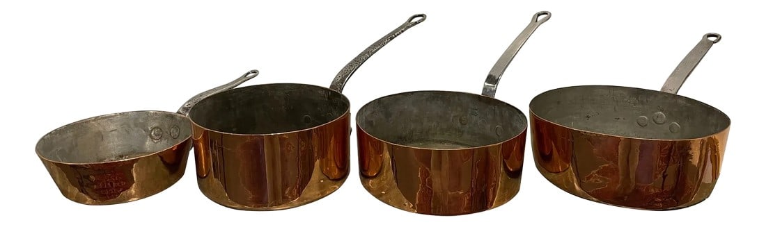 French Four Copper Pots in Different Sizes, 19th Century - Set of 4: Set of French Four Copper Pots in Different Sizes, 19th Century. Professionally cleaned and polished in France. A light coat of lacquer was applied. Diameter Dimensions: 8", 9", 9.5", 10" Condition: