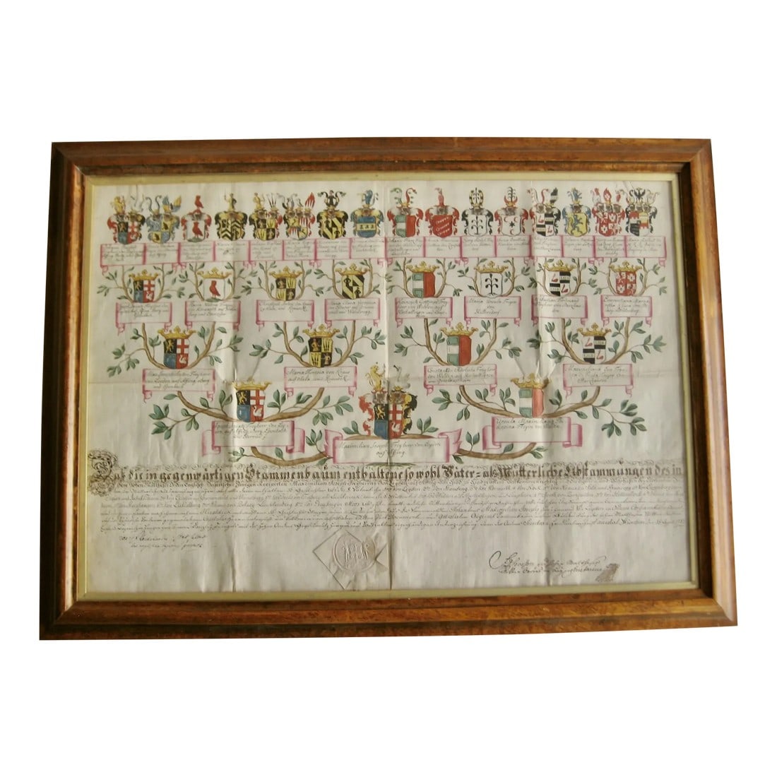 Late 18th Century German Genealogist Tree Coat of Arms of a Marquis Family Frame: The genealogy family tree of a Germain Marquis family is entirely hand written and hand painted you will find a numerous of family crest all more beautiful than each other , presenting wonderful