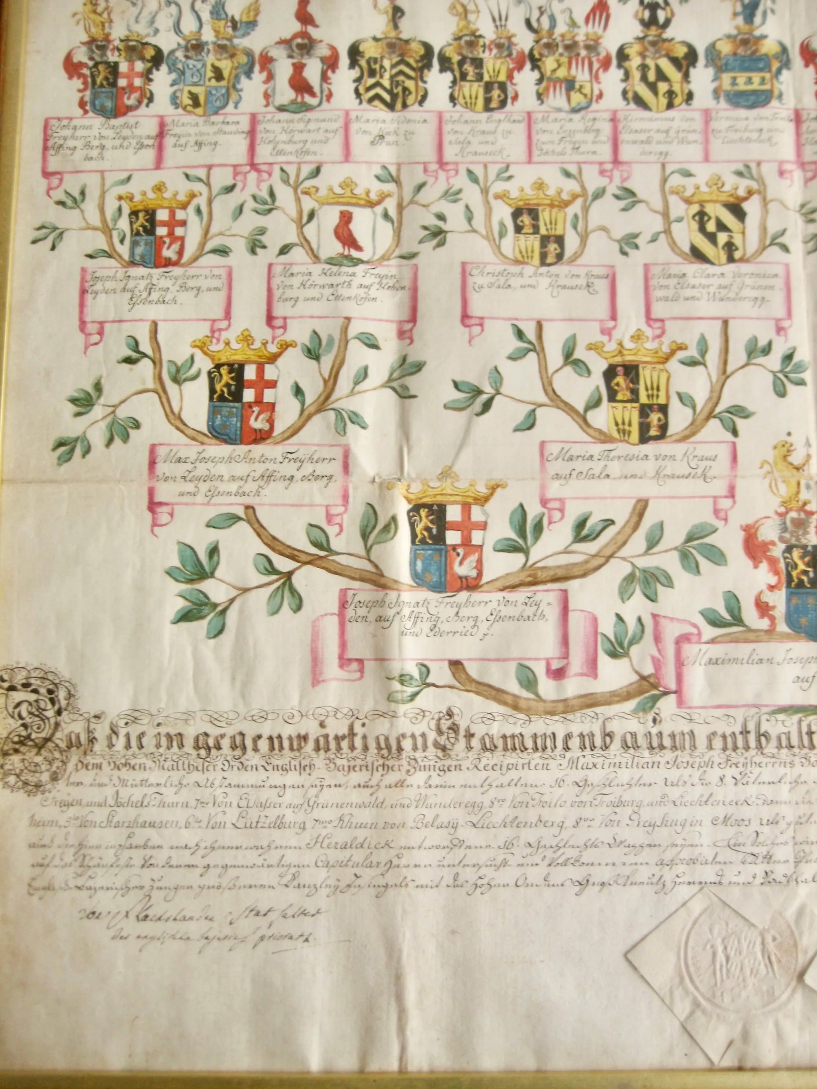 Late 18th Century German Genealogist Tree Coat of Arms of a Marquis Family Frame - 3
