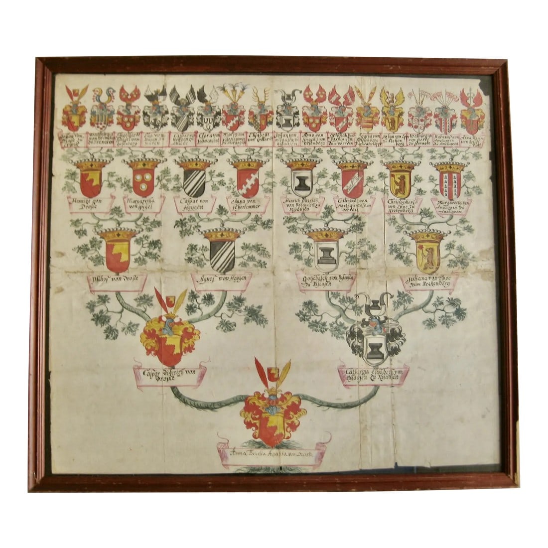 German Genealogist Tree Coat of Arm of a Baron Family Frame: Large and beautiful German family tree and coat of arm document showing a Baron family history ,totally hand written and hand painted you will find little label with the names under each crest ,