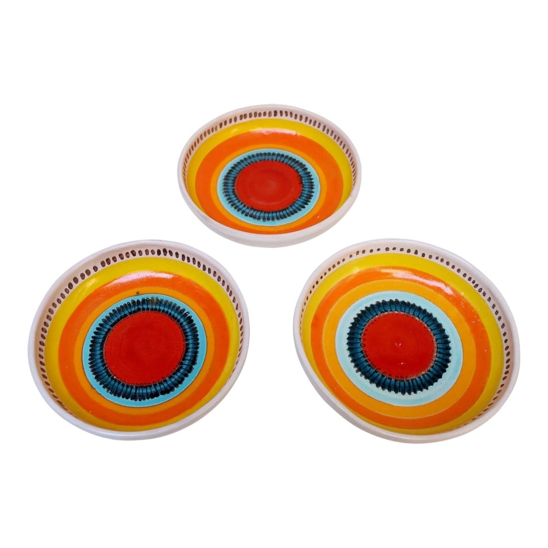 Set of Three Hand Painted Vintage Italian Ceramic Decorative Bowls by De Simone: Set of three hand-painted ceramic decorative bowls by Sicilian aristocrat turned artist, Giovanni De Simone. Painted in De Simone's signature vibrant colors of yellow, red, orange, and blue (both