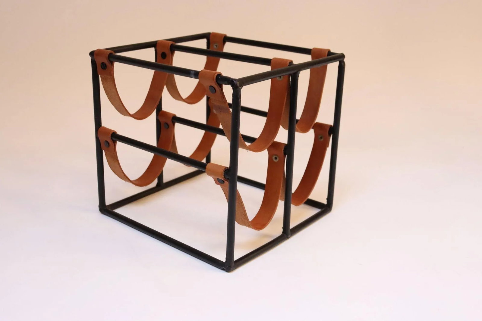 Vintage Arthur Umanoff Iron and Leather Four-Bottle Wine Rack - 2