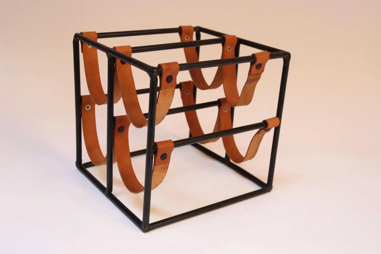 Vintage Arthur Umanoff Iron and Leather Four-Bottle Wine Rack - 3
