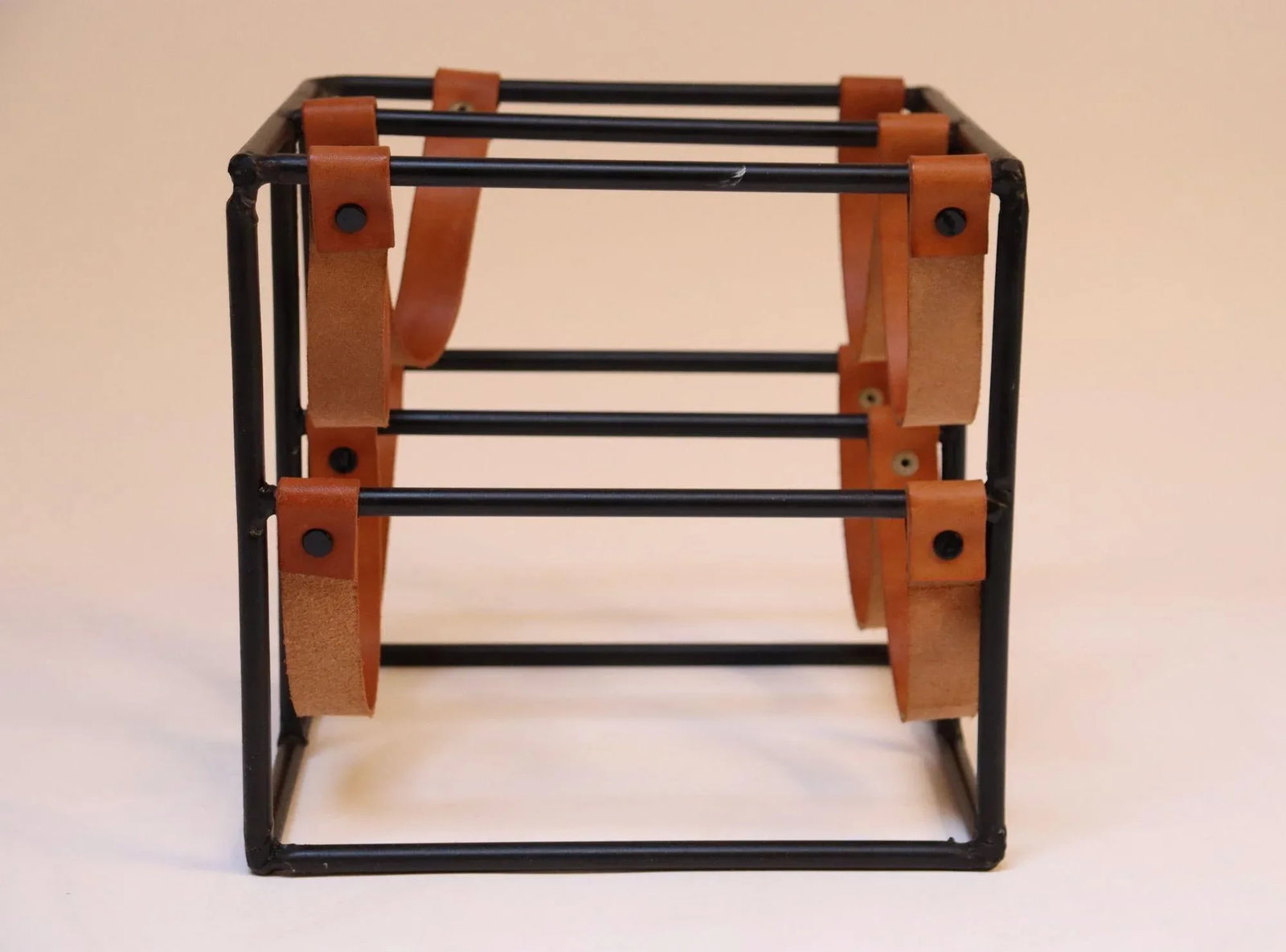 Vintage Arthur Umanoff Iron and Leather Four-Bottle Wine Rack - 4
