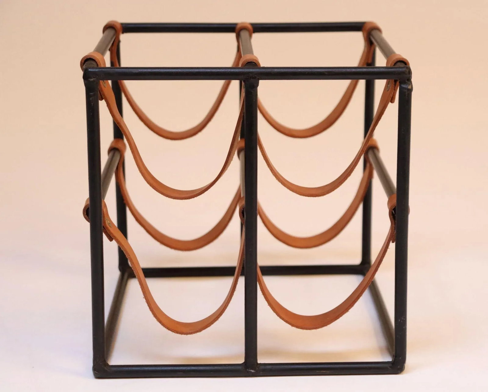 Vintage Arthur Umanoff Iron and Leather Four-Bottle Wine Rack - 5