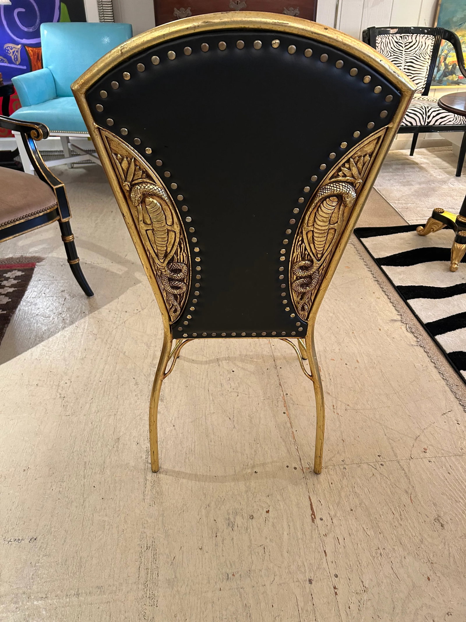 Cleopatra Black Leather Side Chair With Brass Relief - 10