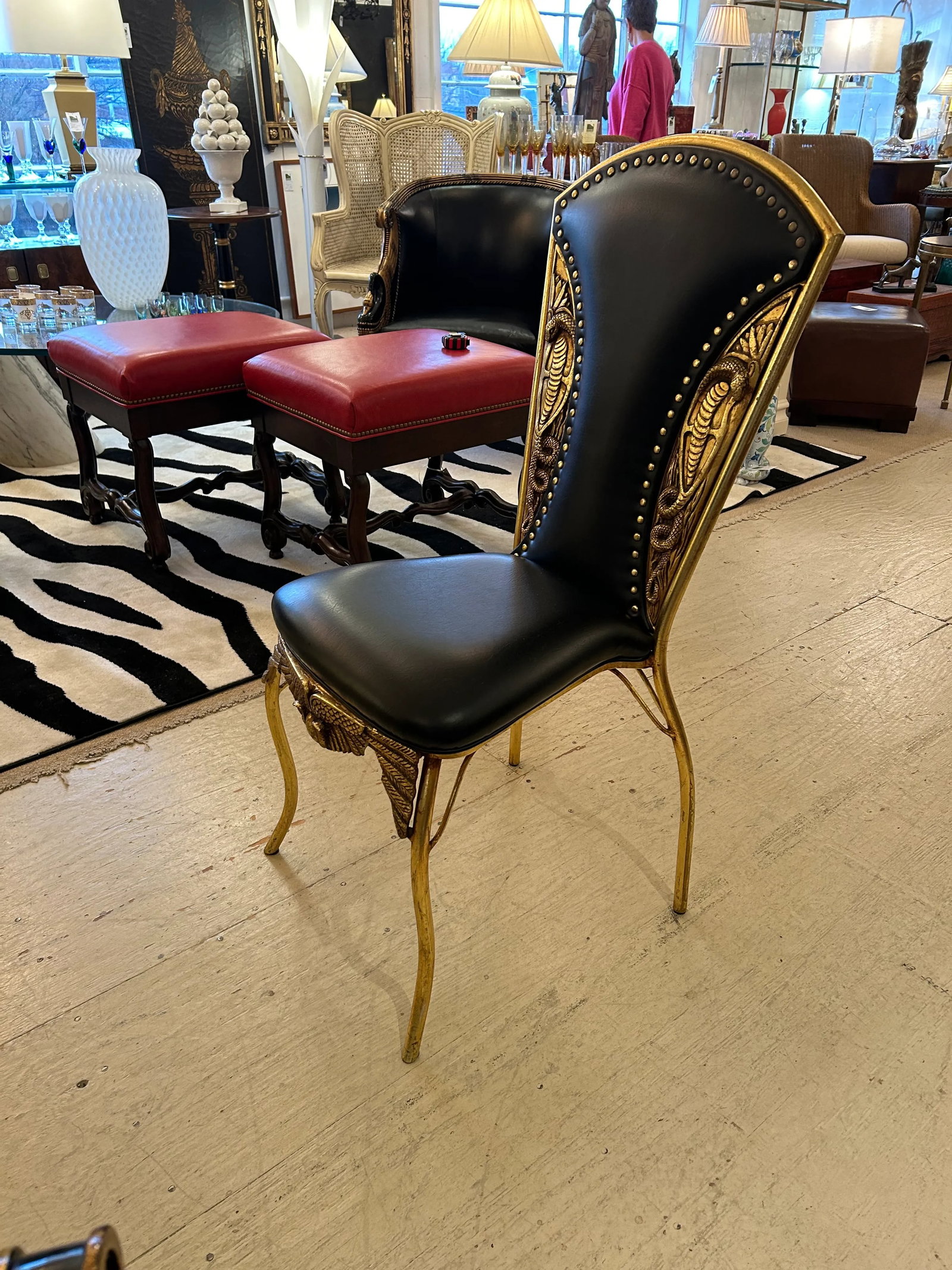 Cleopatra Black Leather Side Chair With Brass Relief - 11
