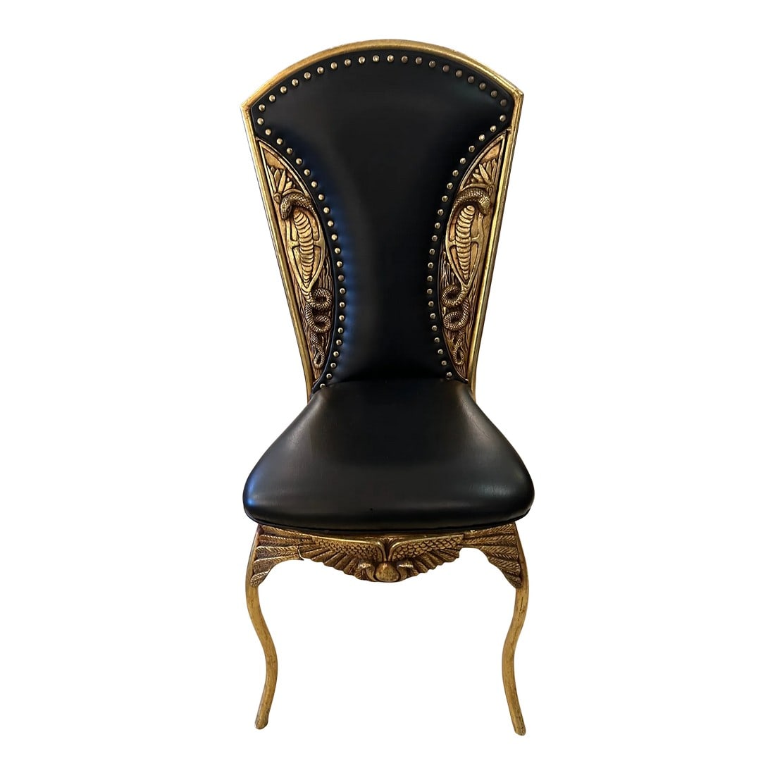 Cleopatra Black Leather Side Chair With Brass Relief: An eye catching work of art in a side chair, having embossed brass or gilt metal relief with cobra snakes on the sides and back, with sexy brass nailheads on black leather upholstery. Elegant thin