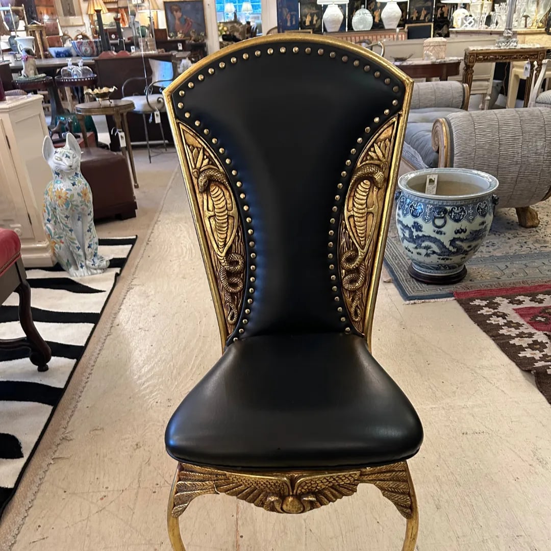 Cleopatra Black Leather Side Chair With Brass Relief - 2