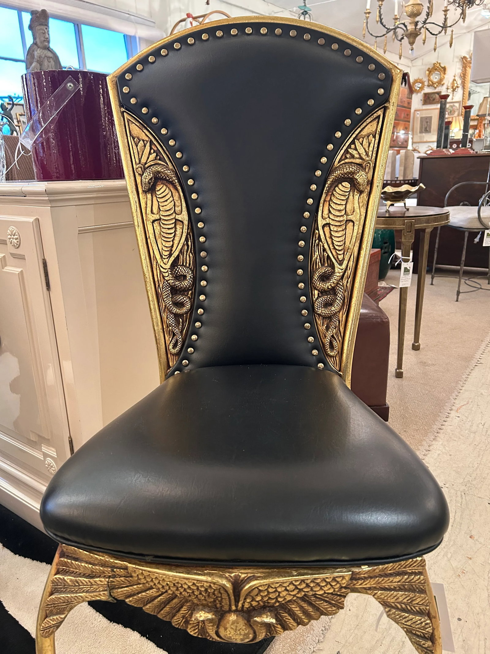 Cleopatra Black Leather Side Chair With Brass Relief - 3