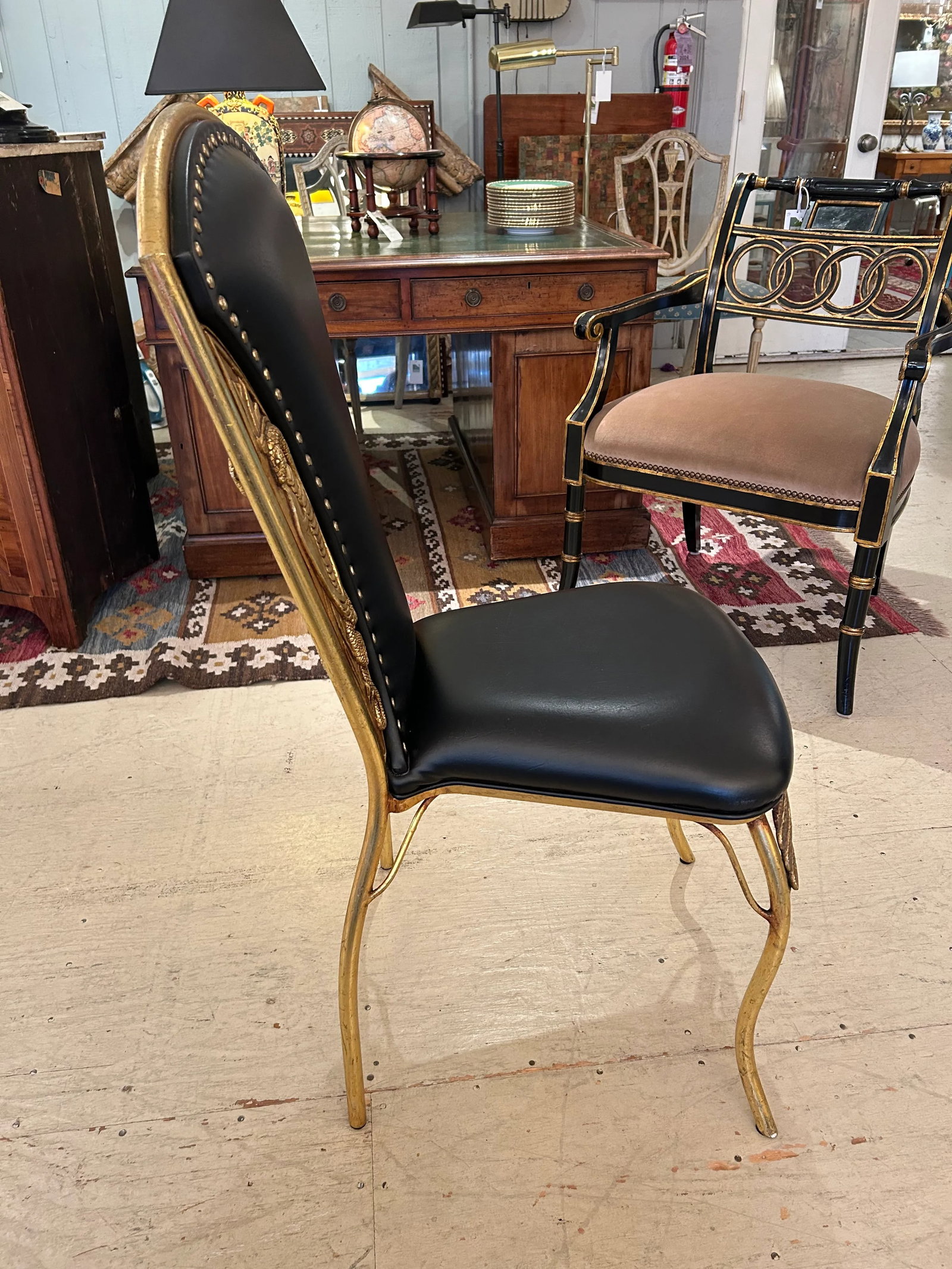 Cleopatra Black Leather Side Chair With Brass Relief - 4