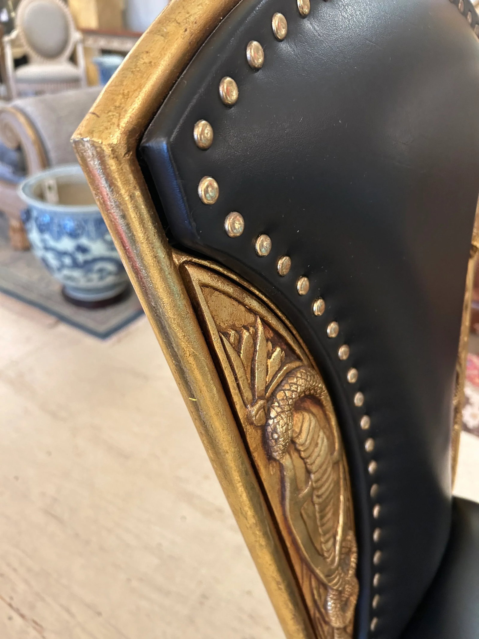 Cleopatra Black Leather Side Chair With Brass Relief - 6