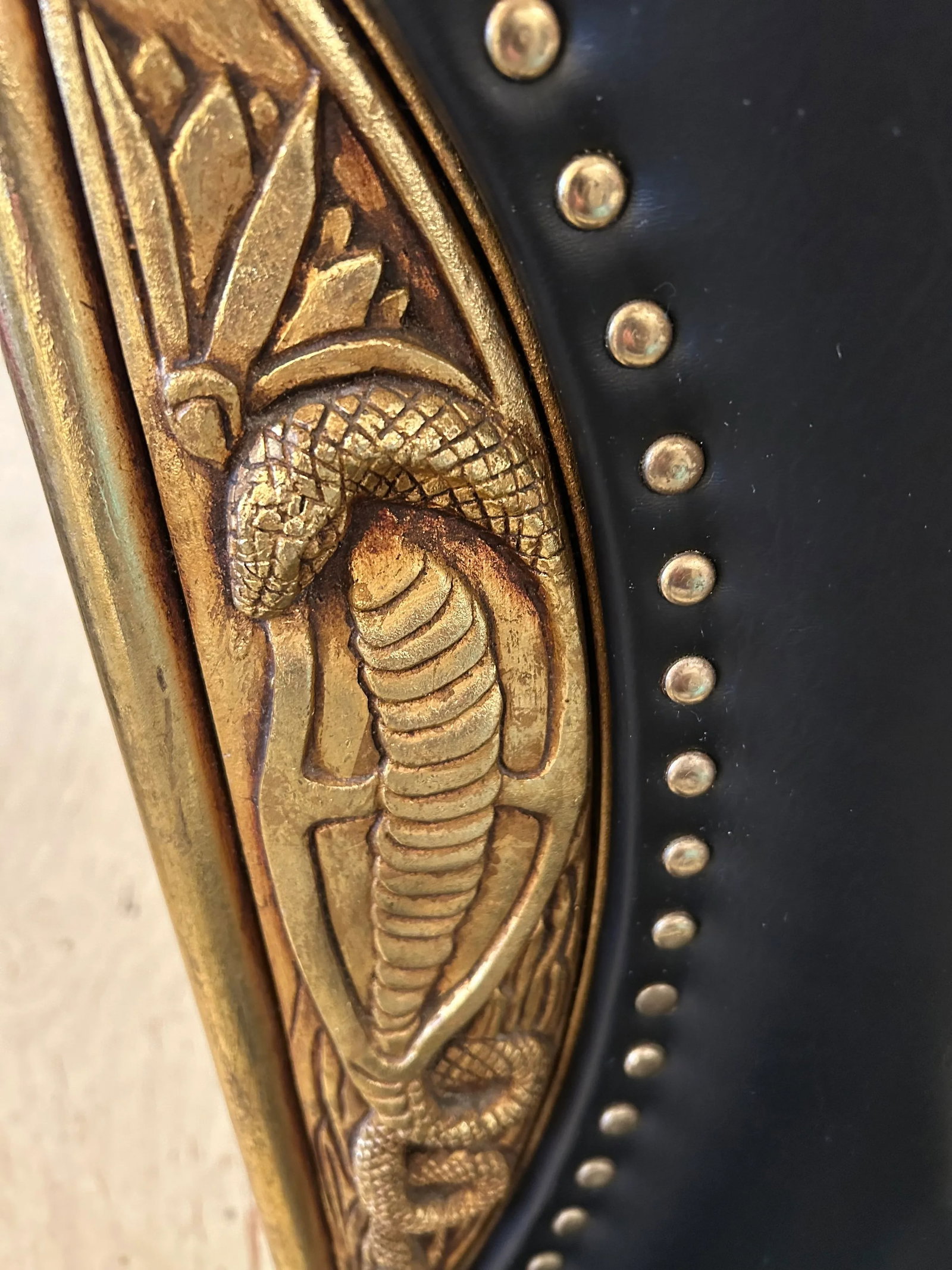 Cleopatra Black Leather Side Chair With Brass Relief - 7