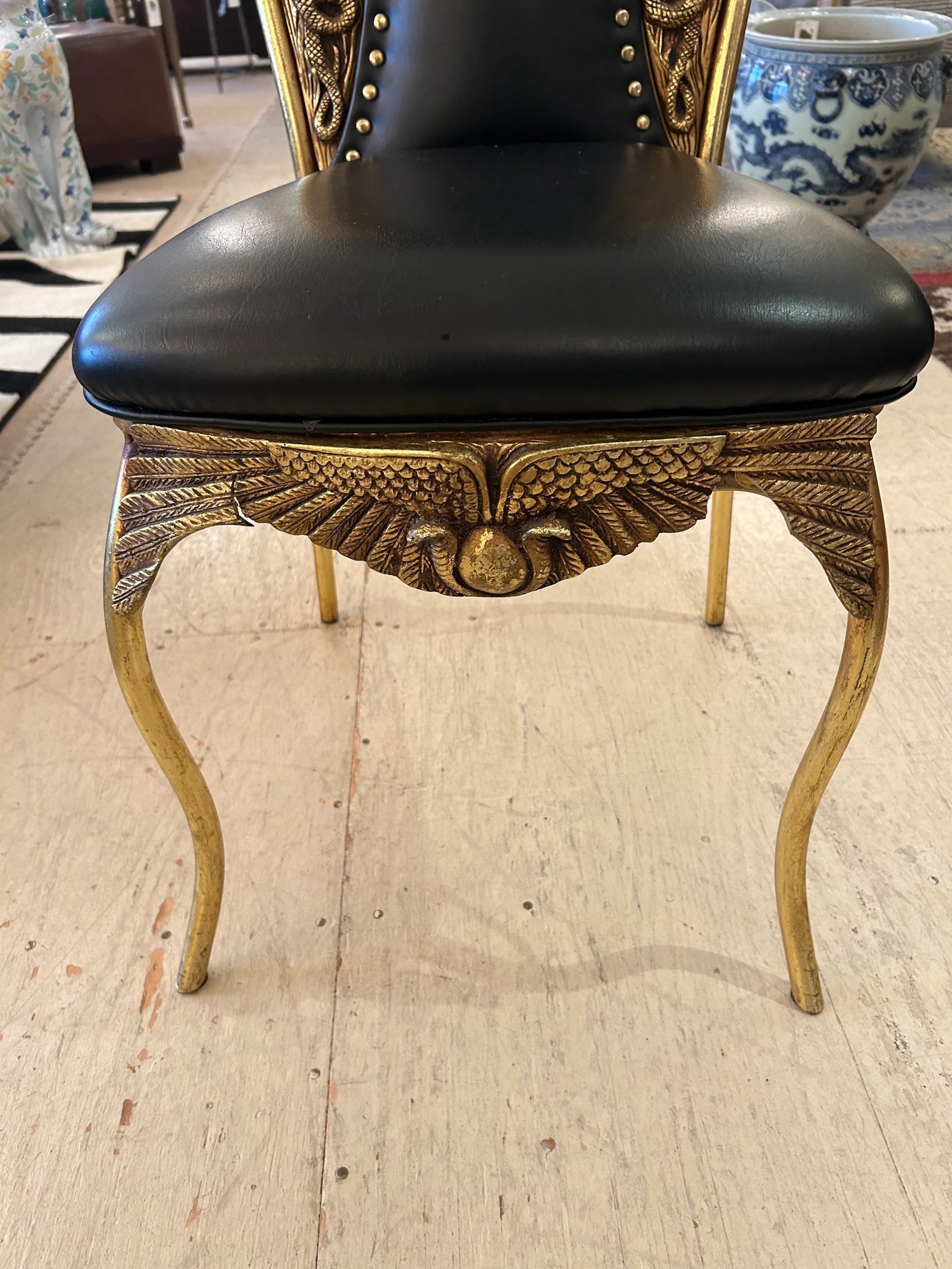 Cleopatra Black Leather Side Chair With Brass Relief - 8