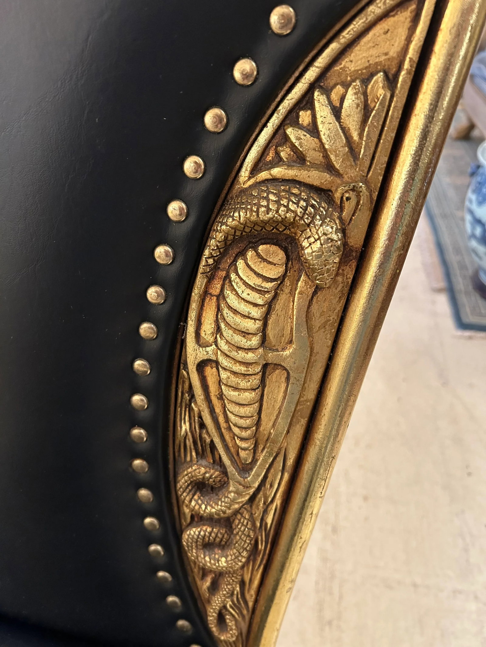 Cleopatra Black Leather Side Chair With Brass Relief - 9