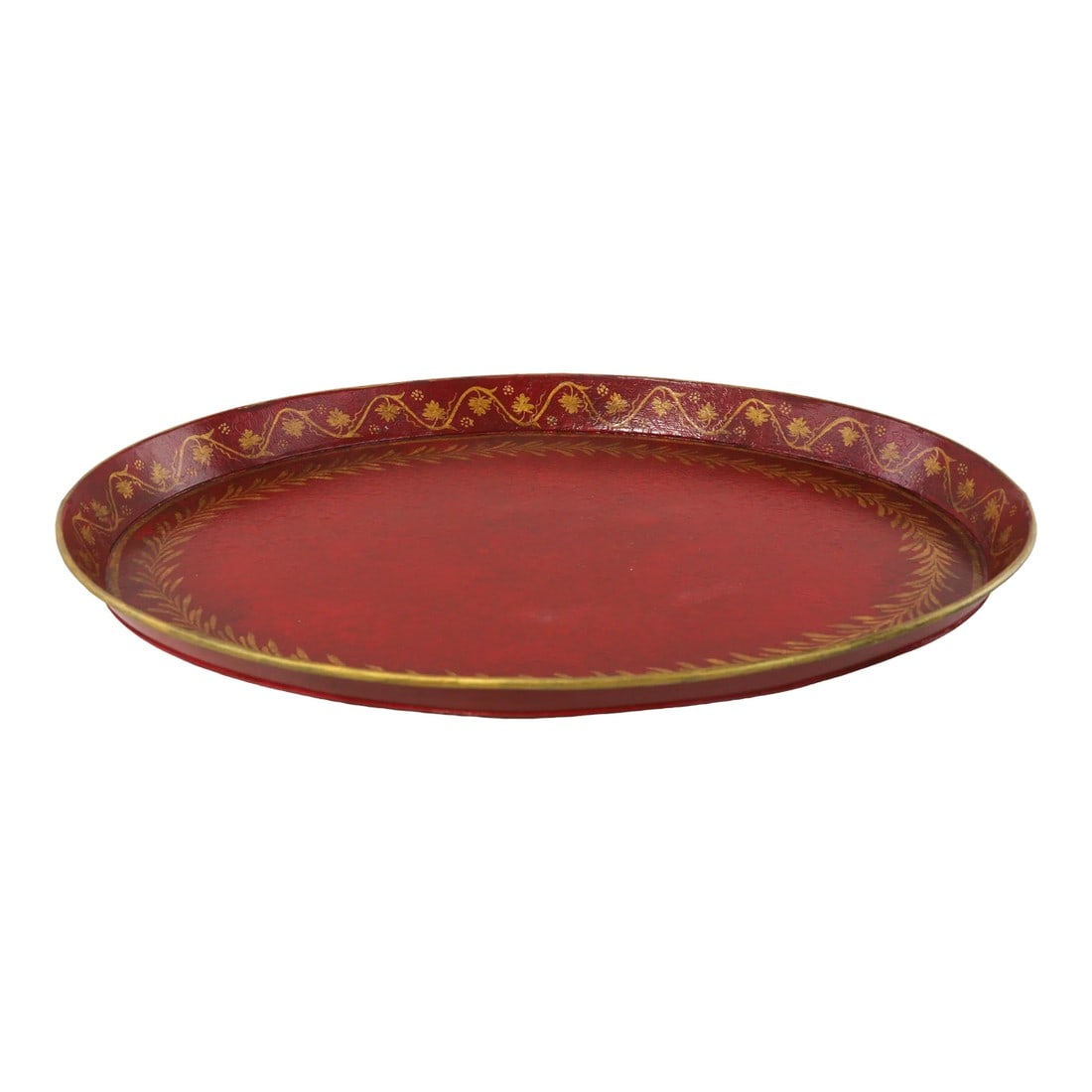 Vintage Handmade Metal Red Tray With Hand-Painted Gold Olive Leaf Wreath: Vintage Handmade Metal Red Tray with Hand-Painted Gold Olive Leaf Wreath Condition: Alterations: Original Condition Unaltered Imperfections: Some Imperfections Condition Notes: The item may have